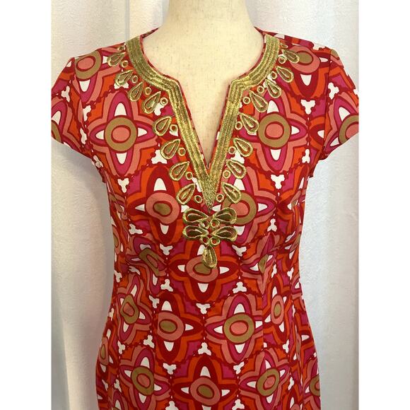 Mud Pie Red/Pink Gold Embroidered V Neck Cap Sleeve Dress Size SM (4/6) - Picture 2 of 8